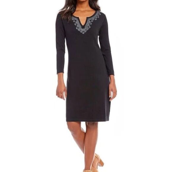 Tommy Bahama Pickford Embroidered Split-Neck Black Dress Size XS - Picture 1 of 2
